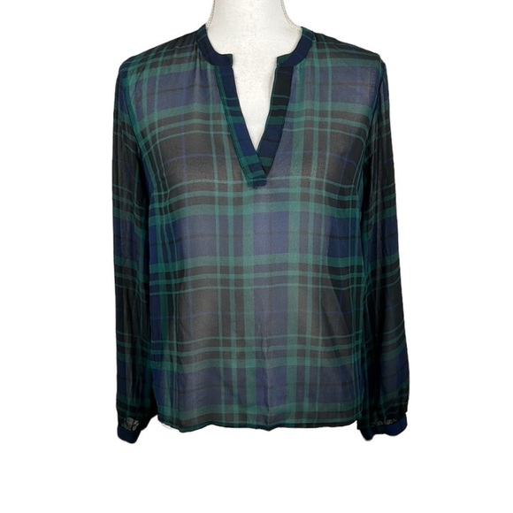 A New Day Navy & Green Plaid Sheer V-Neck Long Sleeve High Low Top Size Small - Picture 1 of 7